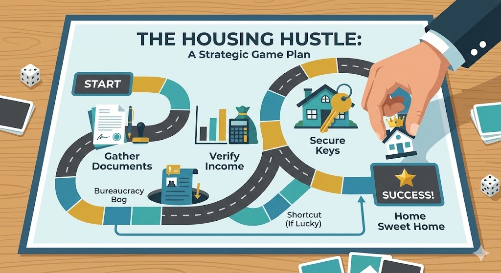 행복주택 청약 신청 과정을 전략 게임처럼 표현한 일러스트