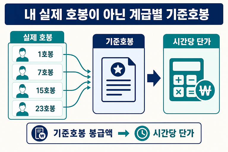 개인별 실제 호봉이 달라도 같은 계급은 같은 기준호봉으로 시간당 단가를 계산하는 구조