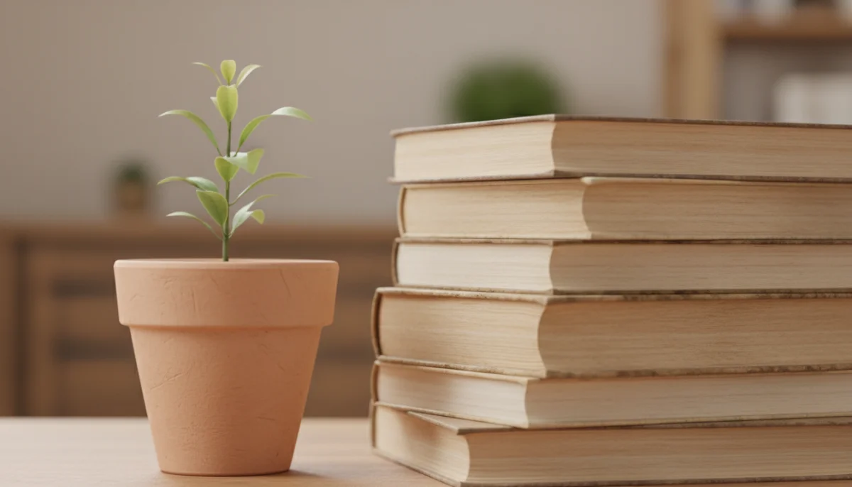 경제적 지원과 학문적 성장을 상징하는 책과 화분의 정물 사진
