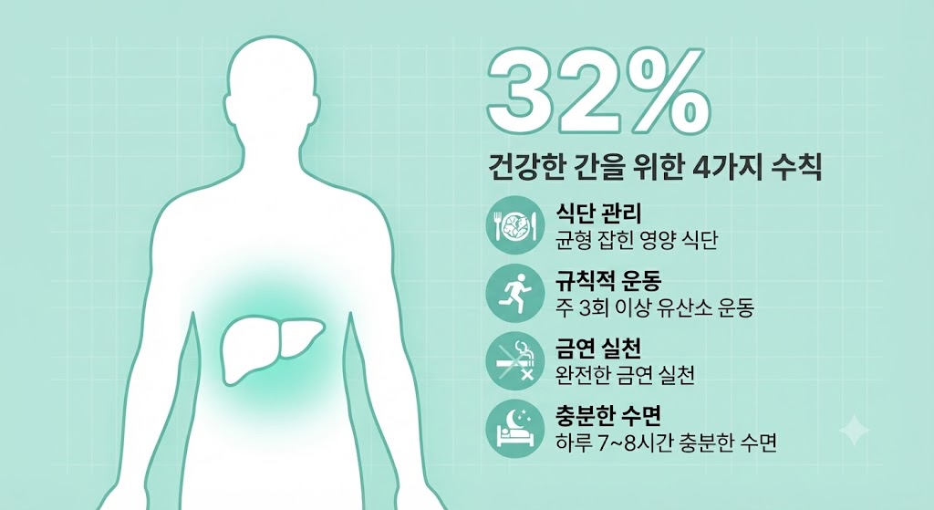 차분한 민트 톤의 배경에 사람의 상반신 실루엣과 복부 부위의 간 아이콘이 강조되어 있고, 우측 상단에 "32%" 숫자와 함께 '식단 관리, 규칙적 운동, 금연 실천, 충분한 수면' 4가지 건강 체크리스트 항목이 아이콘과 함께 나열된 의료 인포그래픽 이미지