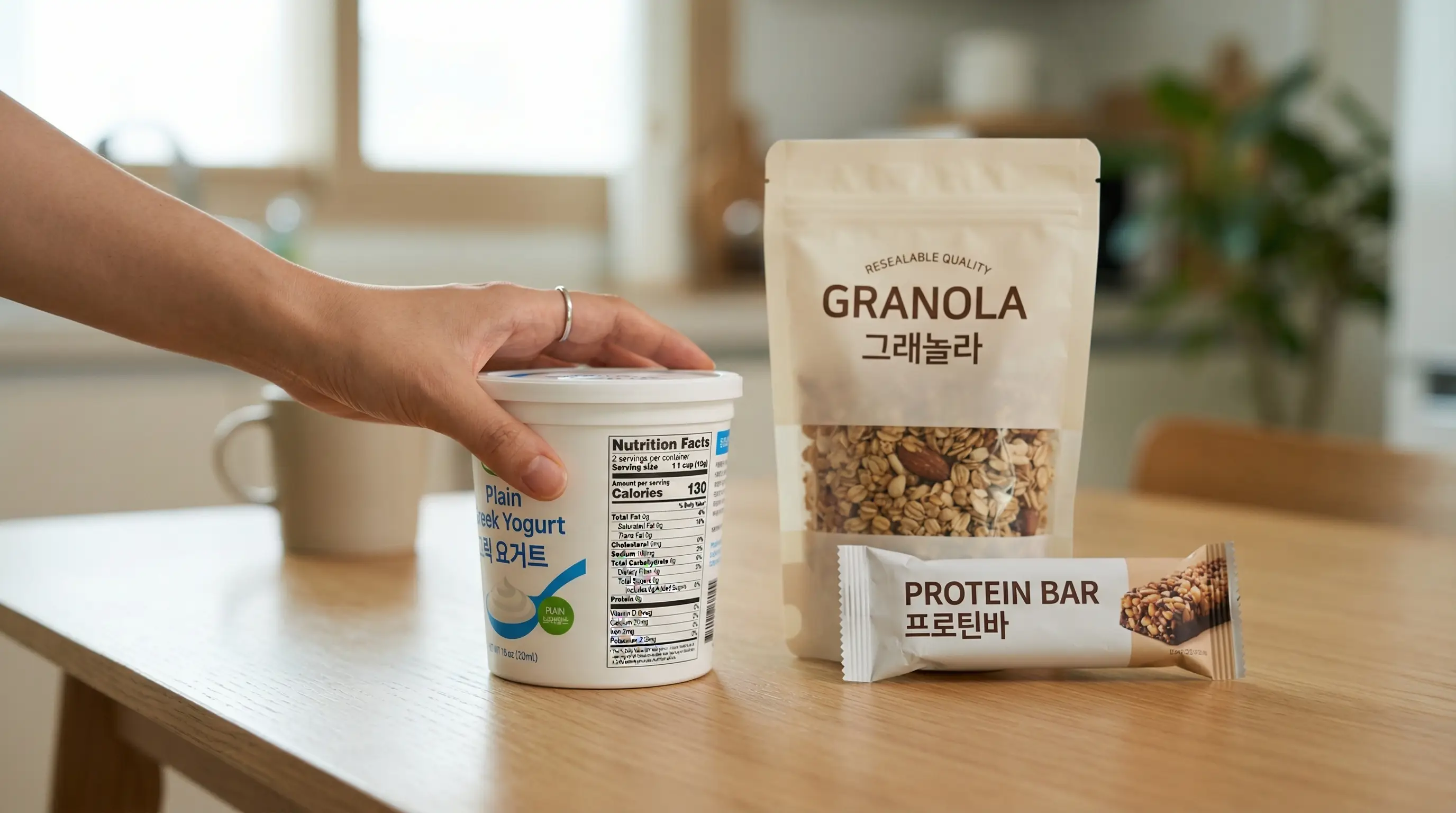 자주 사는 건강 간식 제품군의 라벨을 비교하는 이미지
