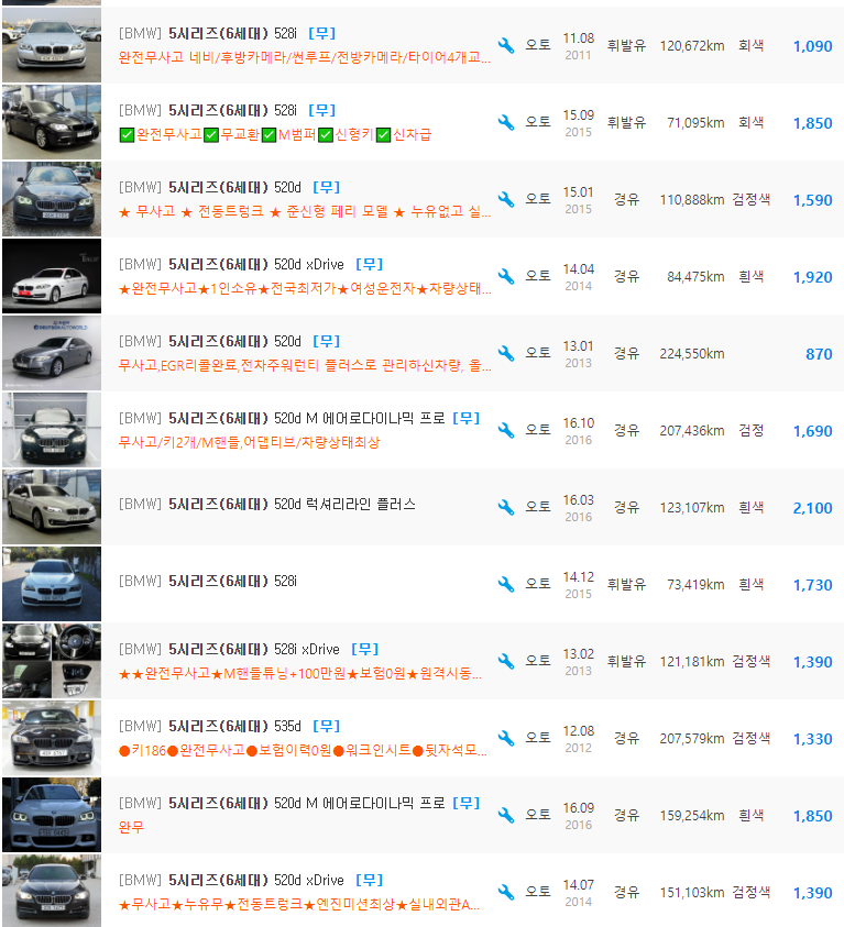 BMW 5시리즈(F10) 등급 중고차 가격 : 530만원 ~ 3,199만원