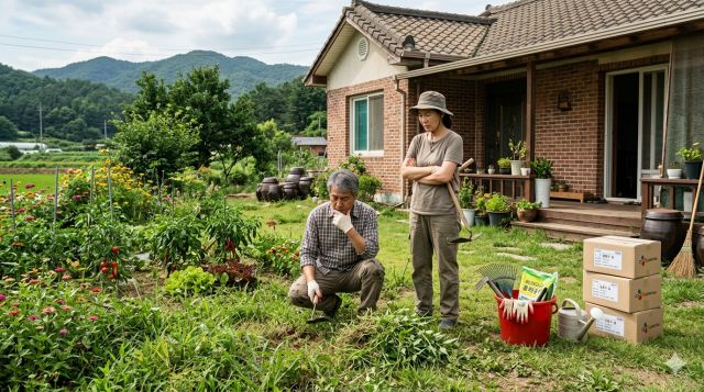 실제 전원생활의 관리 스트레스를 보여주는 한국형 전원주택 이미지