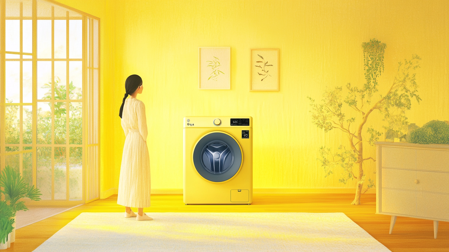 LG 오브제 세탁기가 있는 유럽 스타일의 고급스럽고 현대적인 공간. 부드러운 조명과 우아한 목재 바닥이 특징