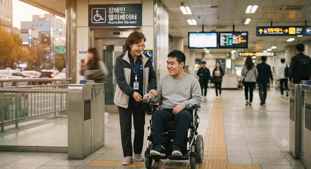 활동지원사 덕분에 출퇴근 도움을 받고 있는 장애인