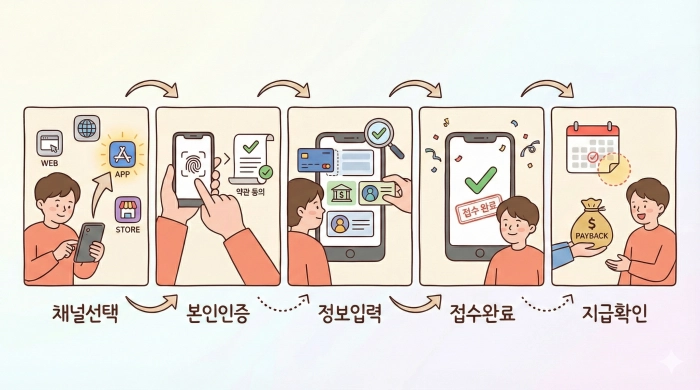 상생페이백 신청 방법 5단계 절차 정리 인포그래픽 (채널확인, 본인인증, 정보입력, 접수완료, 지급확인)