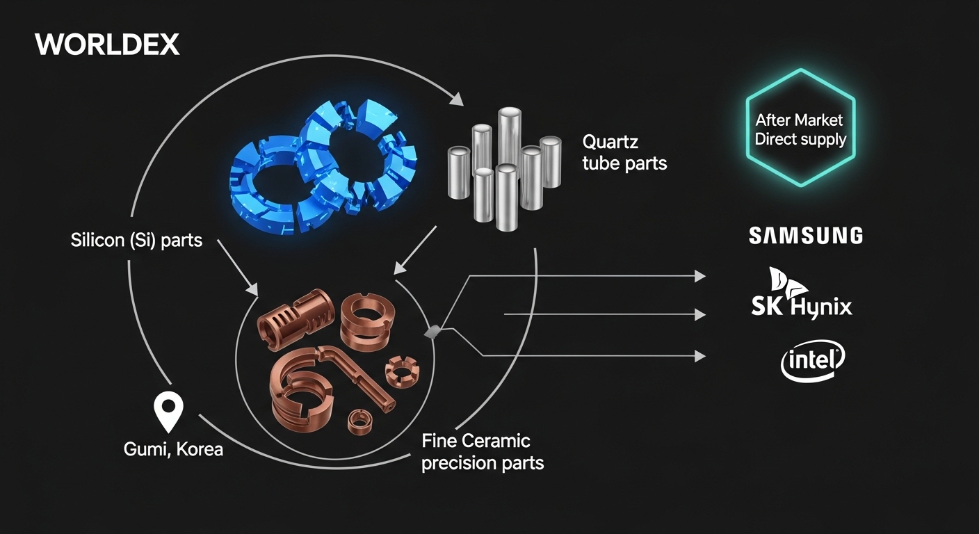 Worldex company overview infographic. Center circular diagram. Top Silicon Si blue ring parts. Right Quartz transparent tube parts. Bottom Fine Ceramic brown precision parts. Arrows pointing to Samsung SK Hynix Intel customer logos. Badge After Market direct supply teal glow. Gumi Korea location pin. Dark background English labels only.