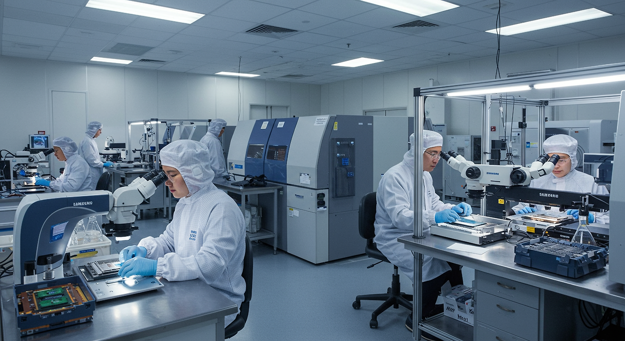 삼성의 첨단 반도체 연구소에서 엔지니어들이 나노미터 공정과 패키징 기술을 분석하는 장면