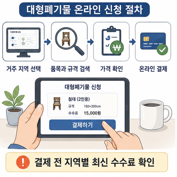 거주 지역의 온라인 대형폐기물 신청 화면에서 품목과 규격을 선택하고 정확한 가격을 확인한 뒤 결제하는 과정을 보여 주는 그림