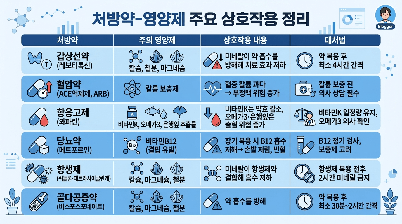 처방약별 영양제 상호작용 정리표 일러스트