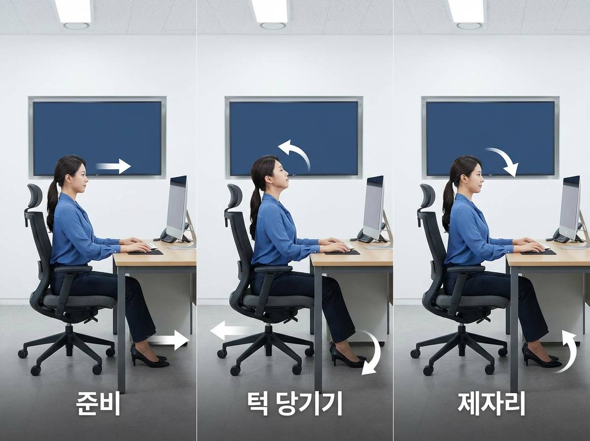 밝은 사무실 환경에서 직장인이 의자에 앉아 턱 당기기 운동을 하는 연속 동작 가이드