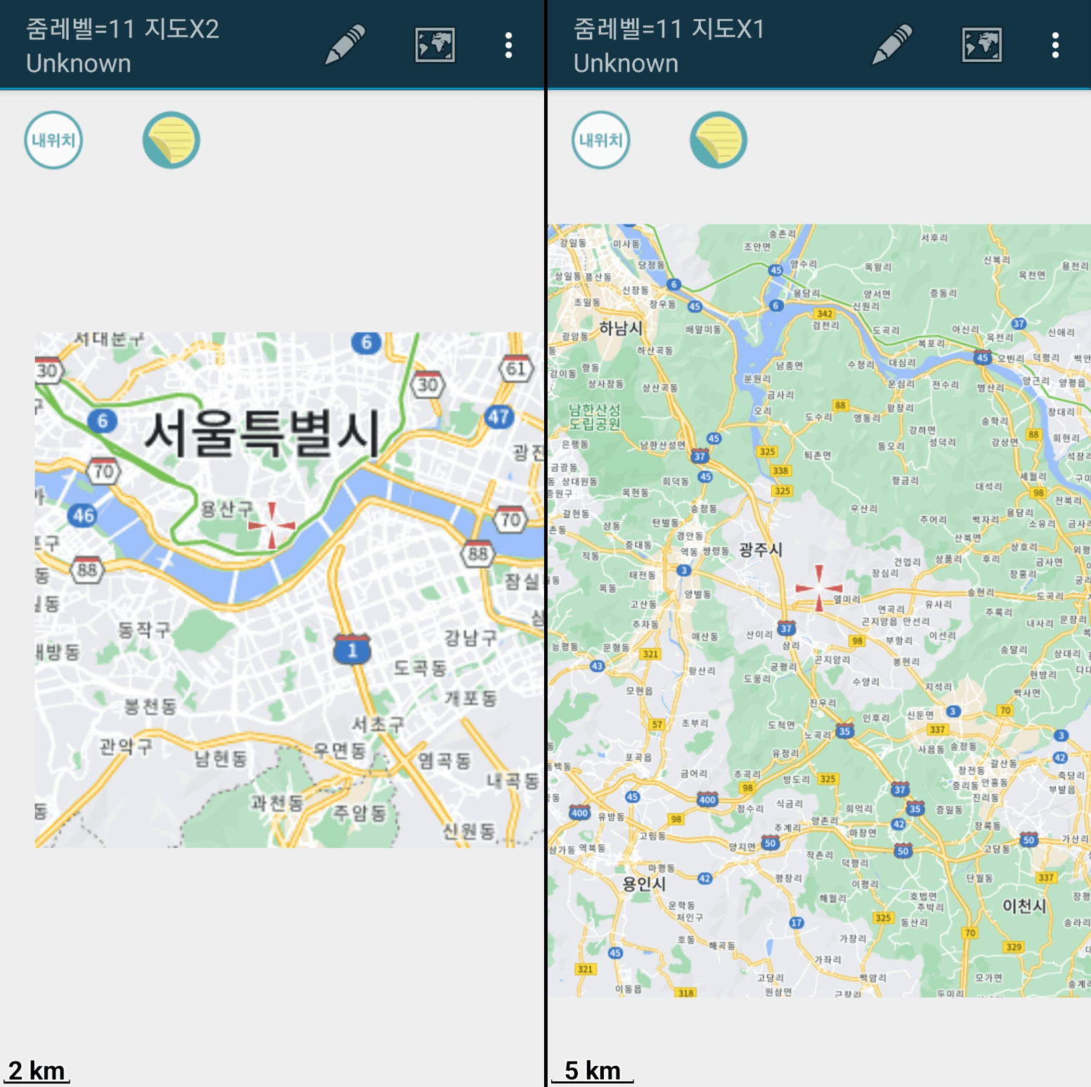 오프라인 구글 지도 확대 및 축소
