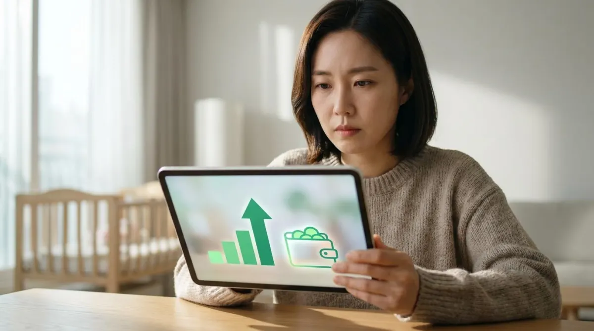 육아휴직 사후지급금 폐지 후 100% 전액 수령으로 변화된 급여 체계를 태블릿으로 꼼꼼히 분석하는 한국인 여성의 모습