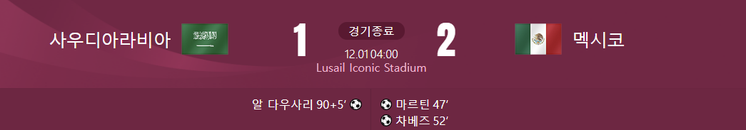 사우디아라비아 대 멕시코 경기결과가 적힌 사진