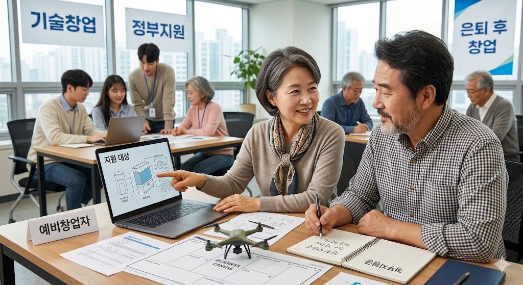 중장년 부부가 노트북과 드론을 활용해 새로운 사업 아이디어를 논의하는 희망찬 모습