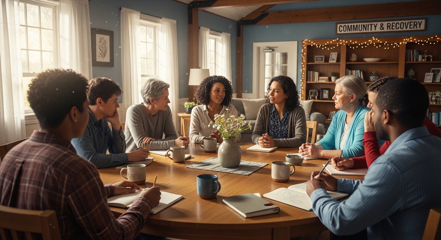 지역사회 센터에서 다양한 사람들이 함께 그룹 활동이나 상담에 참여하는 따뜻한 이미지. 정신건강복지센터의 공동체 지원을 나타냅s니다.