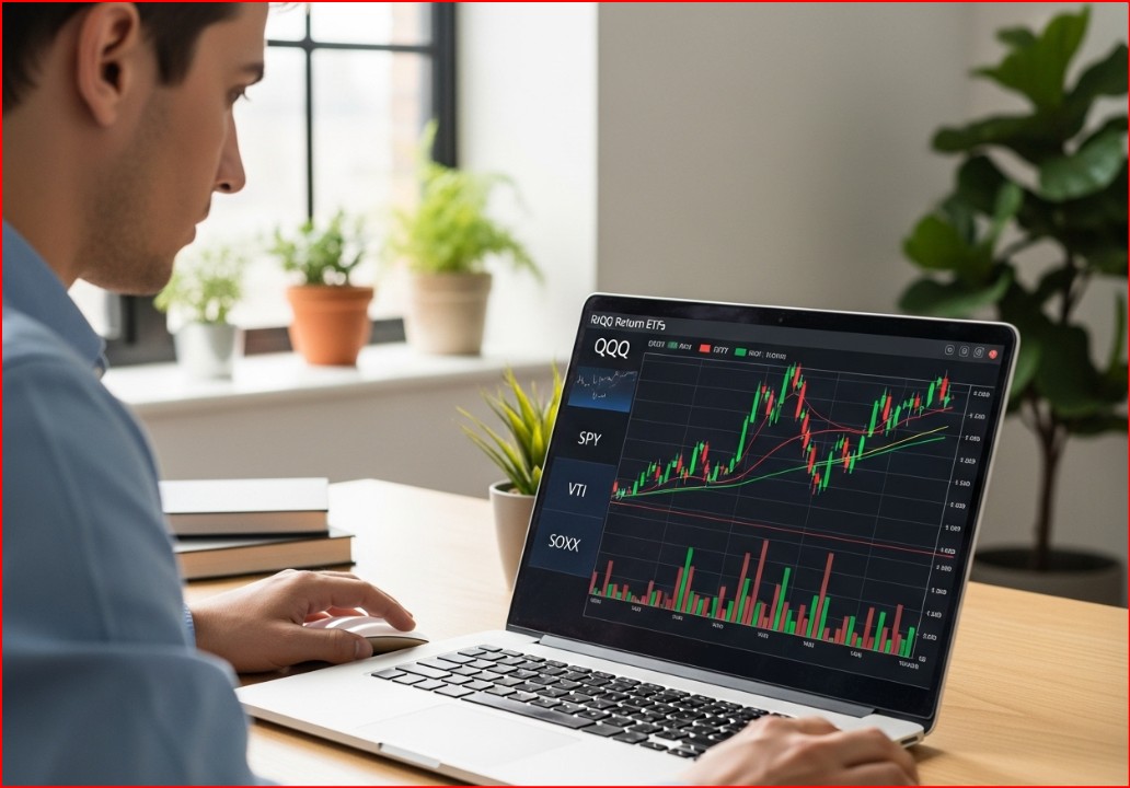 QQQ,SPY,VIT,SOXX그래프가 나와 있는 모니터사진.