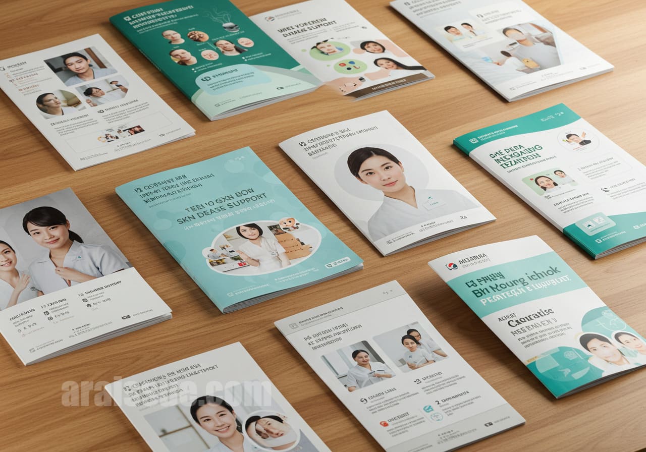 다양한 지자체 보건소에서 배포한 피부질환 지원사업 안내 브로셔들이 책상에 펼쳐져 있고, 각기 다른 정보가 담긴 현실적인 구성이 표현돼 있습니다.