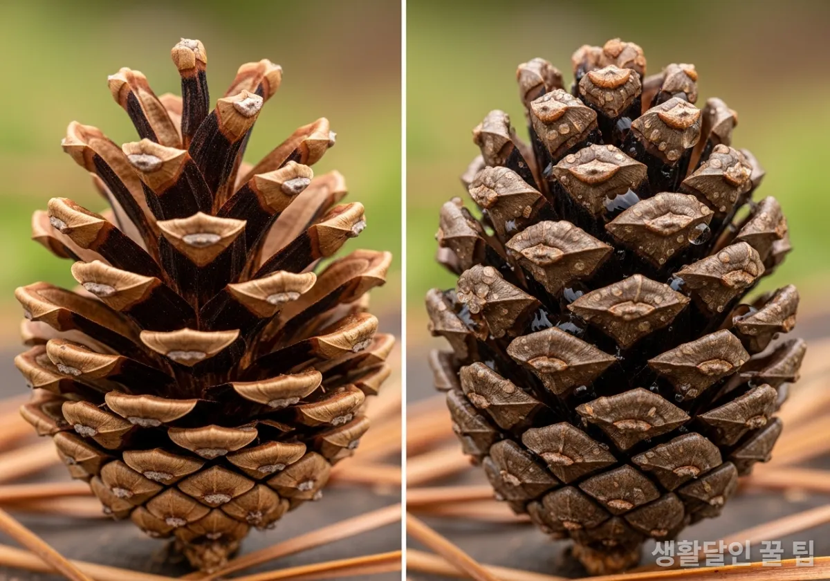 습도에 따라 비늘이 열리고 닫히는 솔방울의 과학적 원리를 보여주는 비교 사진