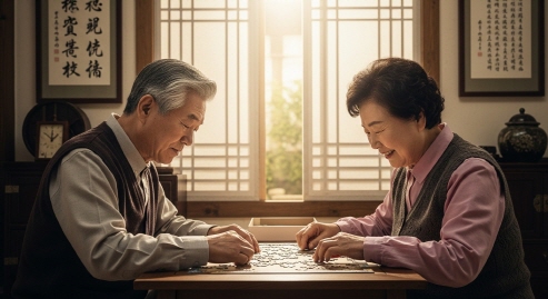 퍼즐 맞추기 놀이하는 노인들&amp;#44; 실내 책상