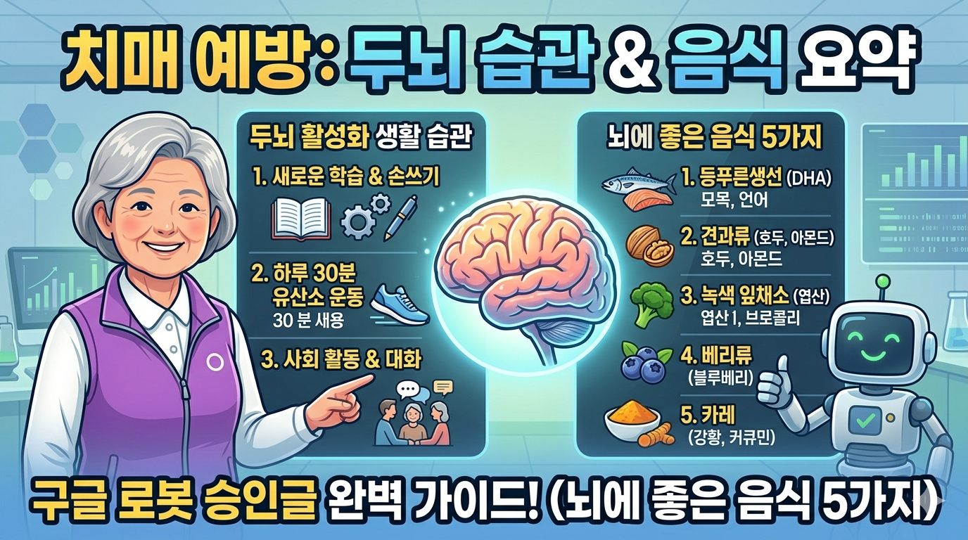 뇌에 좋은 음식 5가지(생선, 견과류, 채소, 베리, 강황)와 치매 예방을 위한 3대 두뇌 활성화 생활 습관을 요약한 전문 인포그래픽 썸네일