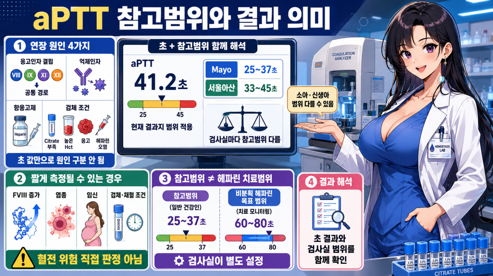 aPTT 참고범위와 결과 해석 및 연장 원인과 치료범위 차이를 설명하는 메디컬 인포그래픽