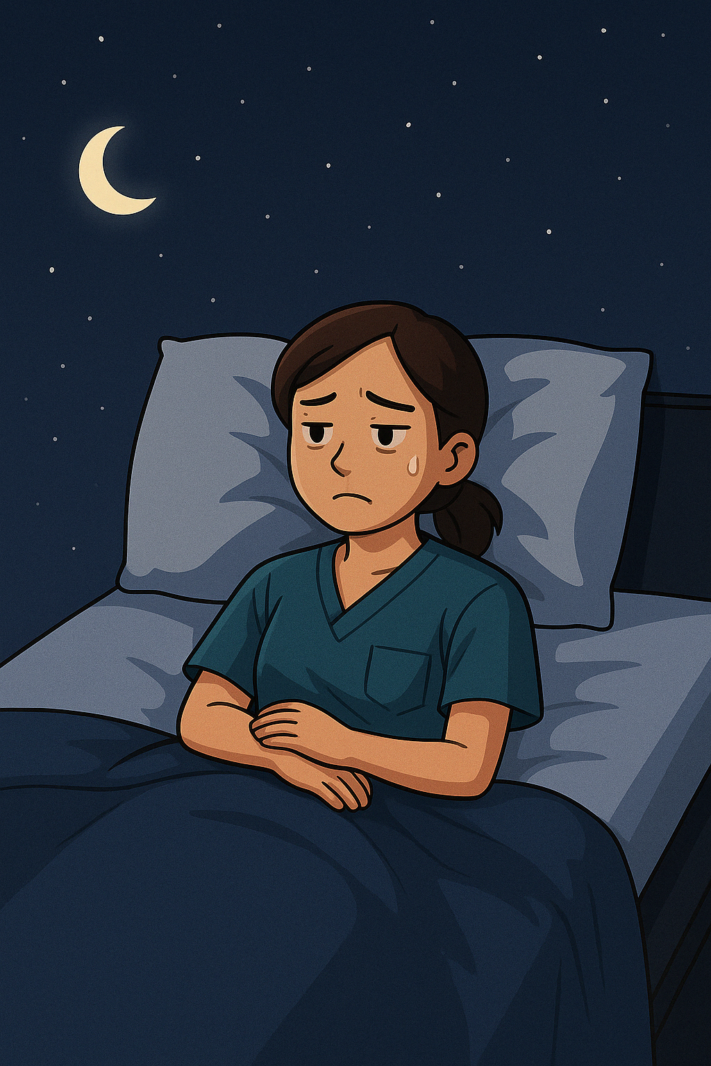 간호사 근무복을 입고 침대에서 식은땀을 흘리고 눈을 뜨고 있는 여자 사진