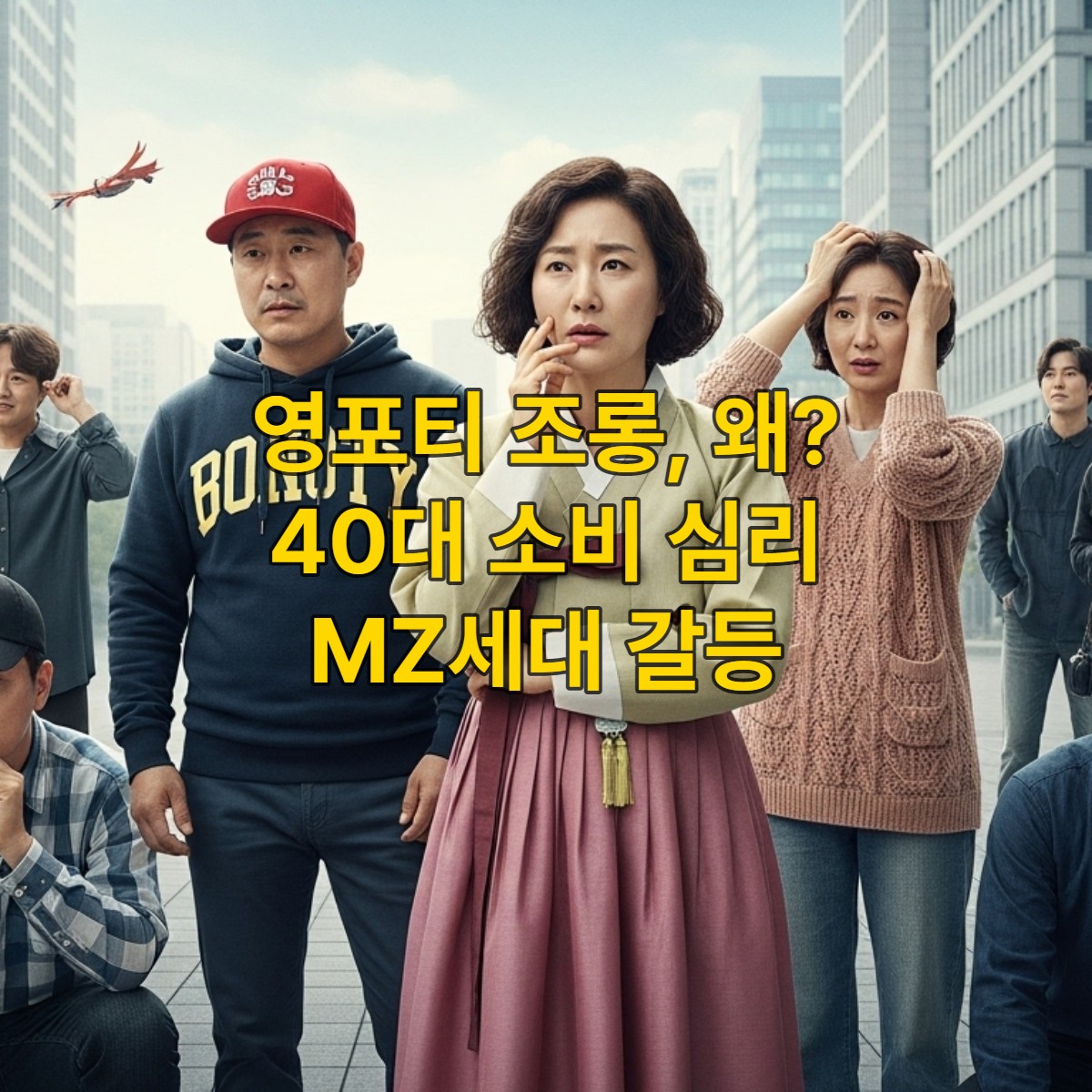 볼캡과 명품으로 젊음을 과시하는 40대와 이를 바라보는 MZ세대의 복잡한 시선이 교차하는 한국 사회의 세대 갈등 모습.