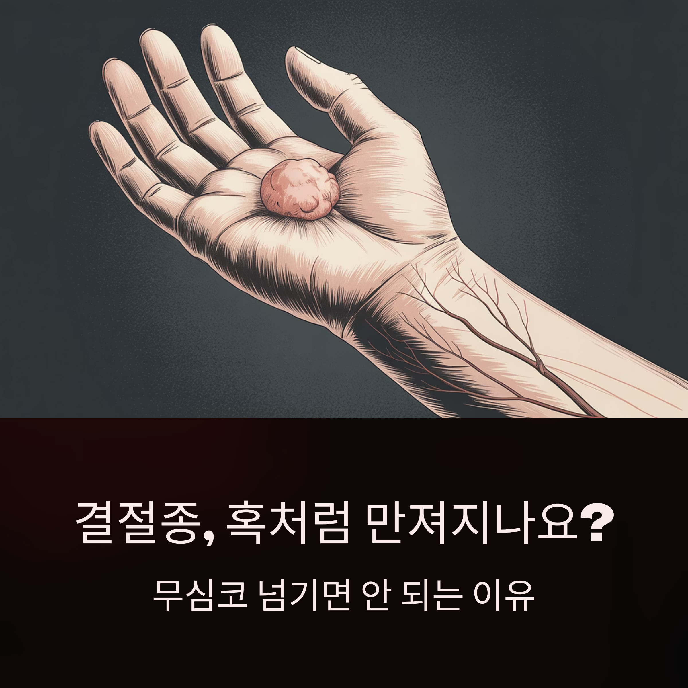 손바닥에 결절종이 생긴 모습을 보여주는 일러스트 이미지와 &lsquo;결절종, 혹처럼 만져지나요?&rsquo;라는 경고 문구