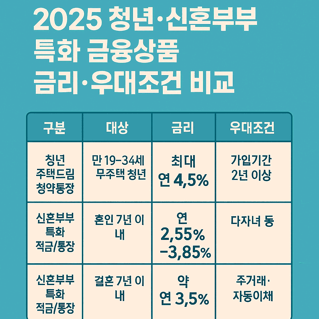 2025년 청년&middot;신혼부부 특화 금융상품 금리&middot;우대조건 비교표