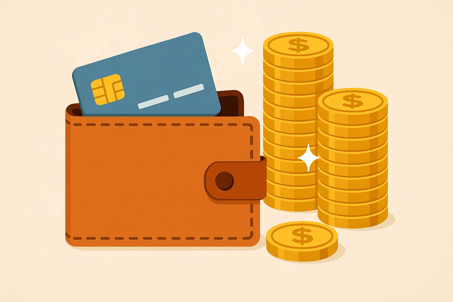 지갑에-체크카드가-꽂혀있고-그-옆에-금빛-동전이-쌓여있는-모습으로,-소비를-통해-적립되는-캐시백의-가치를-시각적으로-표현한-금융-일러스트