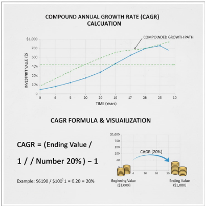연평균 성장률(CAGR)을 계산하여 복리 곡선을 추적하는 그래프