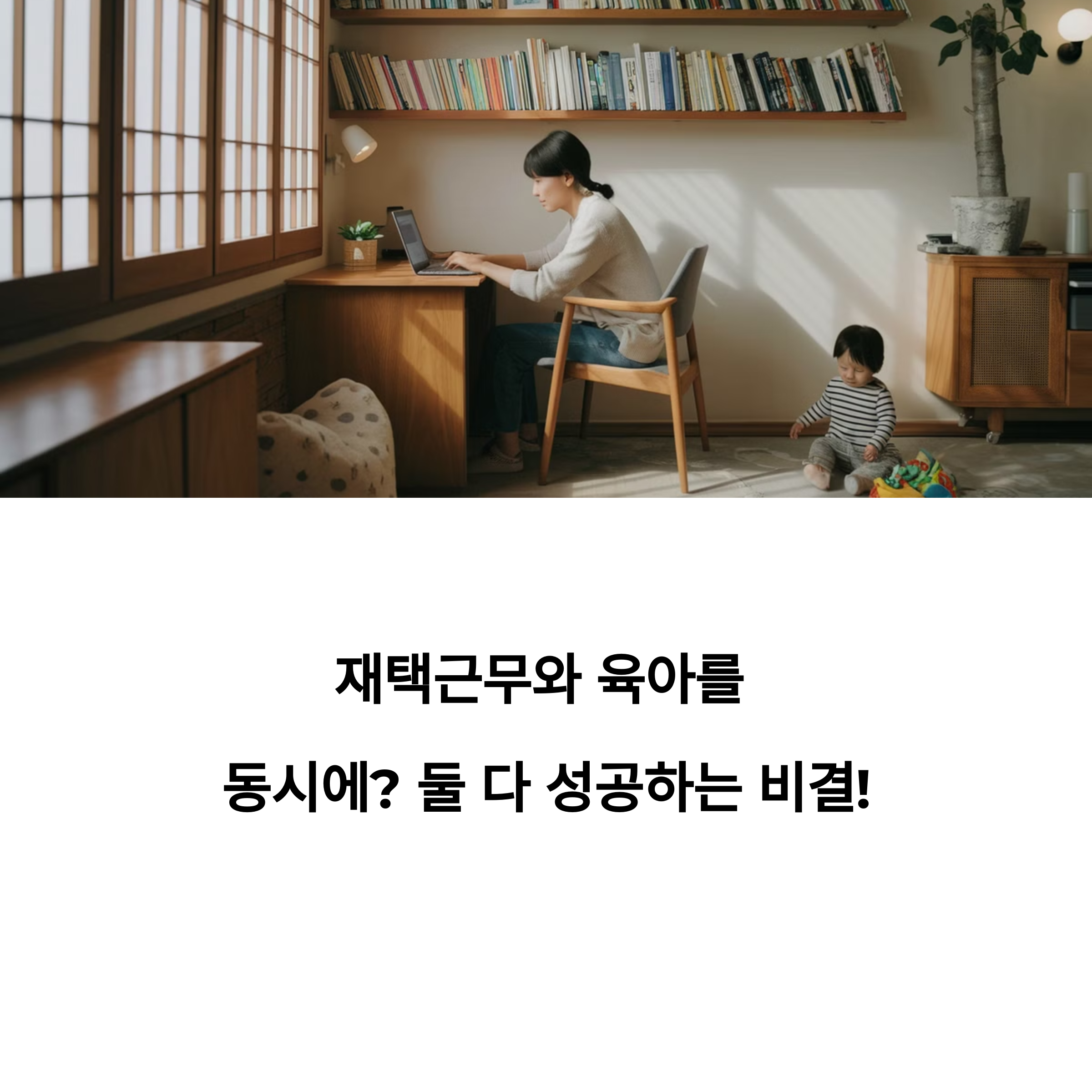 바닥에는 어린아이가 장난감을 가지고 놀고 엄마는 책상에 앉아 일을 하는 모습