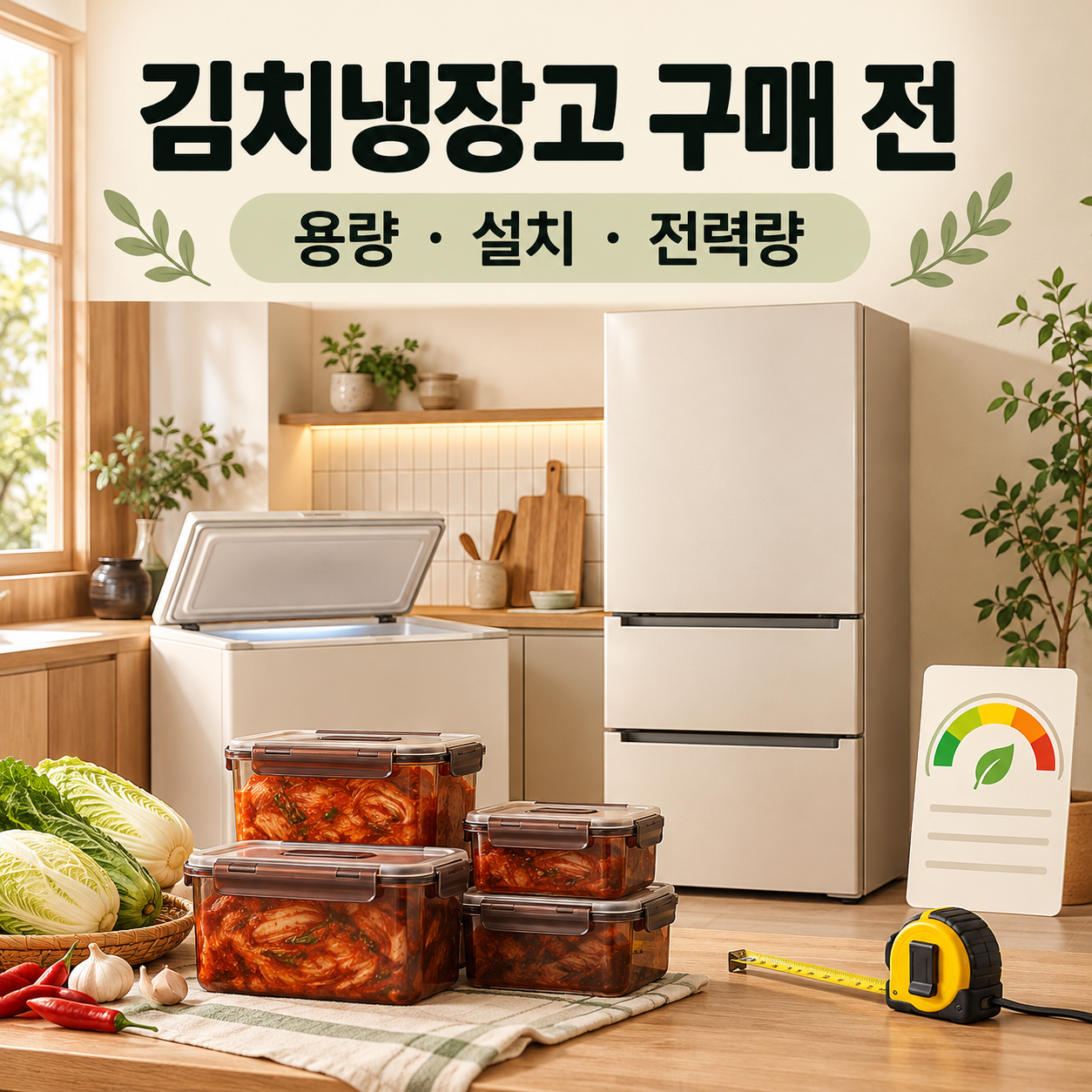 김치통과 줄자 옆에 스탠드형&middot;뚜껑형 김치냉장고를 표현한 주방 일러스트