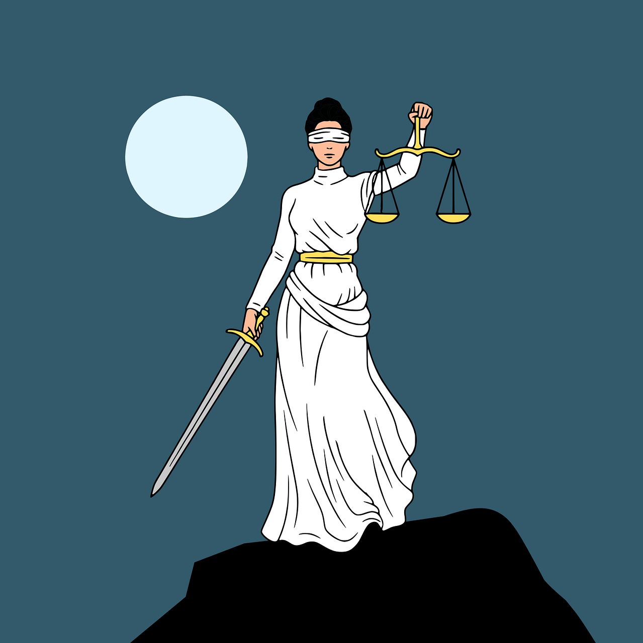눈을 흰 천으로 가리고 한 손엔 저울, 다른 손엔 검을 든 법과 정의의 여신