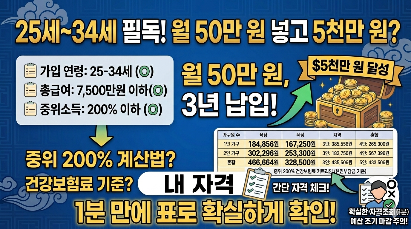 "25세부터 34세 청년미래적금 자격 조건 확실하게 알아보기 및 월 50만 원 3년 납입 기준 중위소득 200% 건강보험료 커트라인 1분 완성 비교 분석 표"