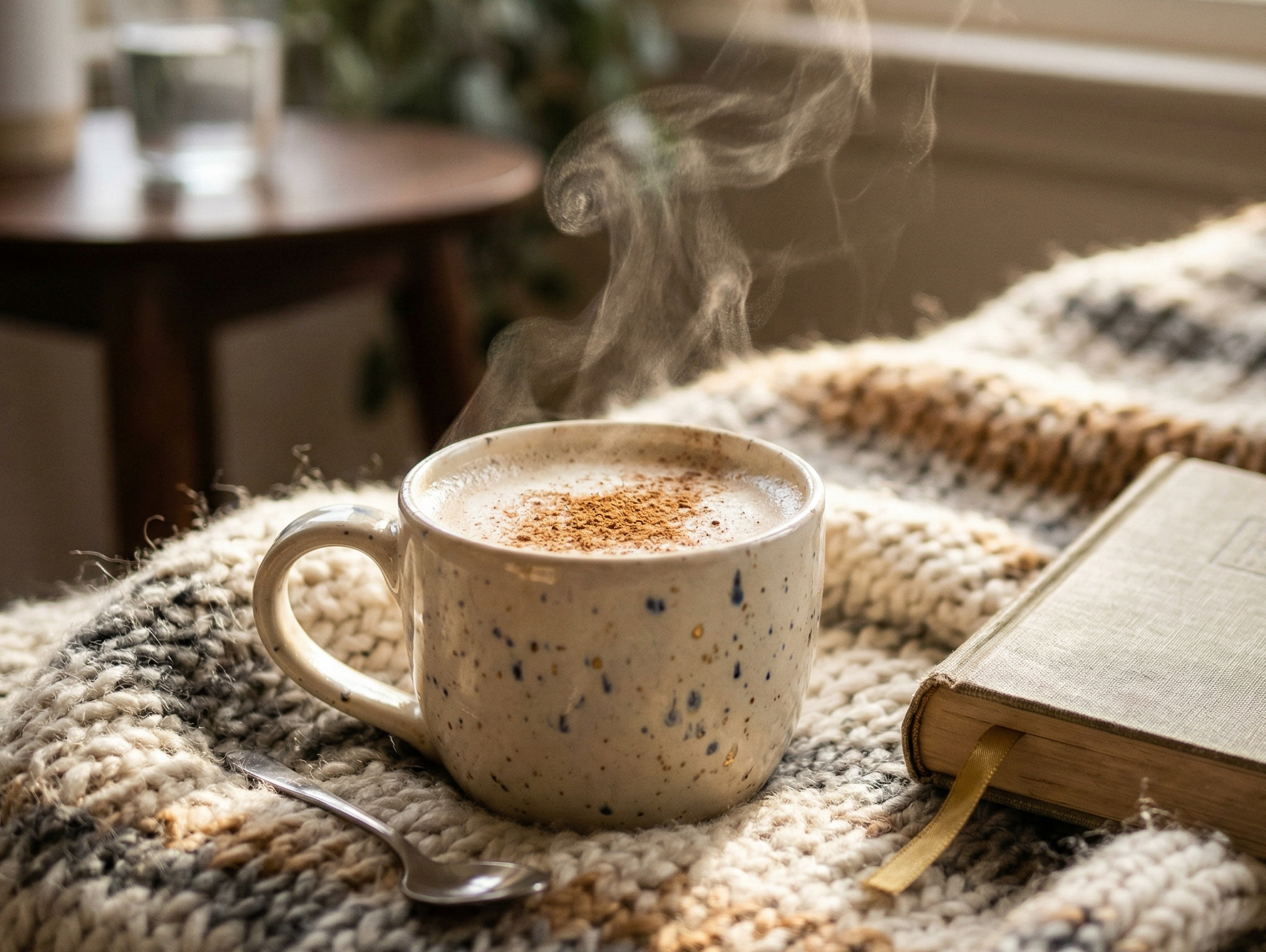 따뜻한 우유와 아쉬와간다 분말 모습