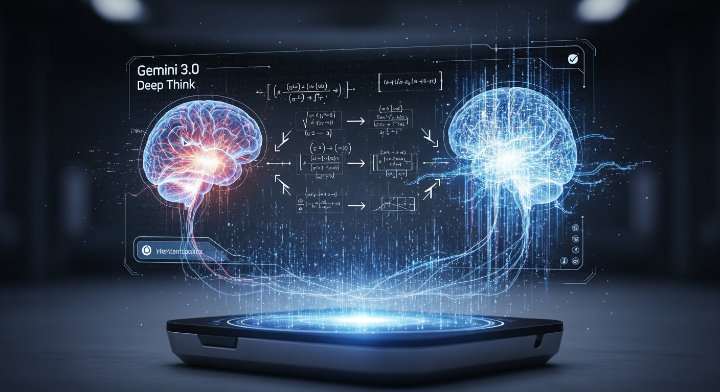 Gemini 3.0의 'Deep Think' 모드가 작동하는 모습. 복잡한 수학 공식이나 코드를 단계별로 추론하고 해결해 나가는 과정을 시각화한 홀로그램 인터페이스. 뇌 구조와 디지털 회로의 결합.