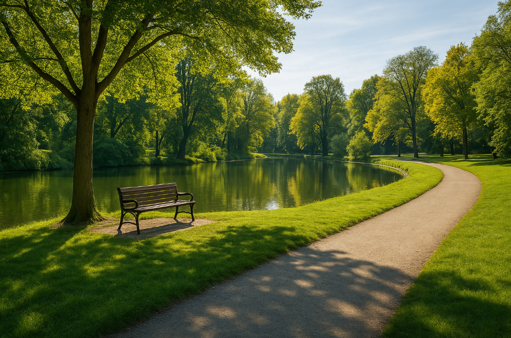 의자랑 호수가 보이는 사진