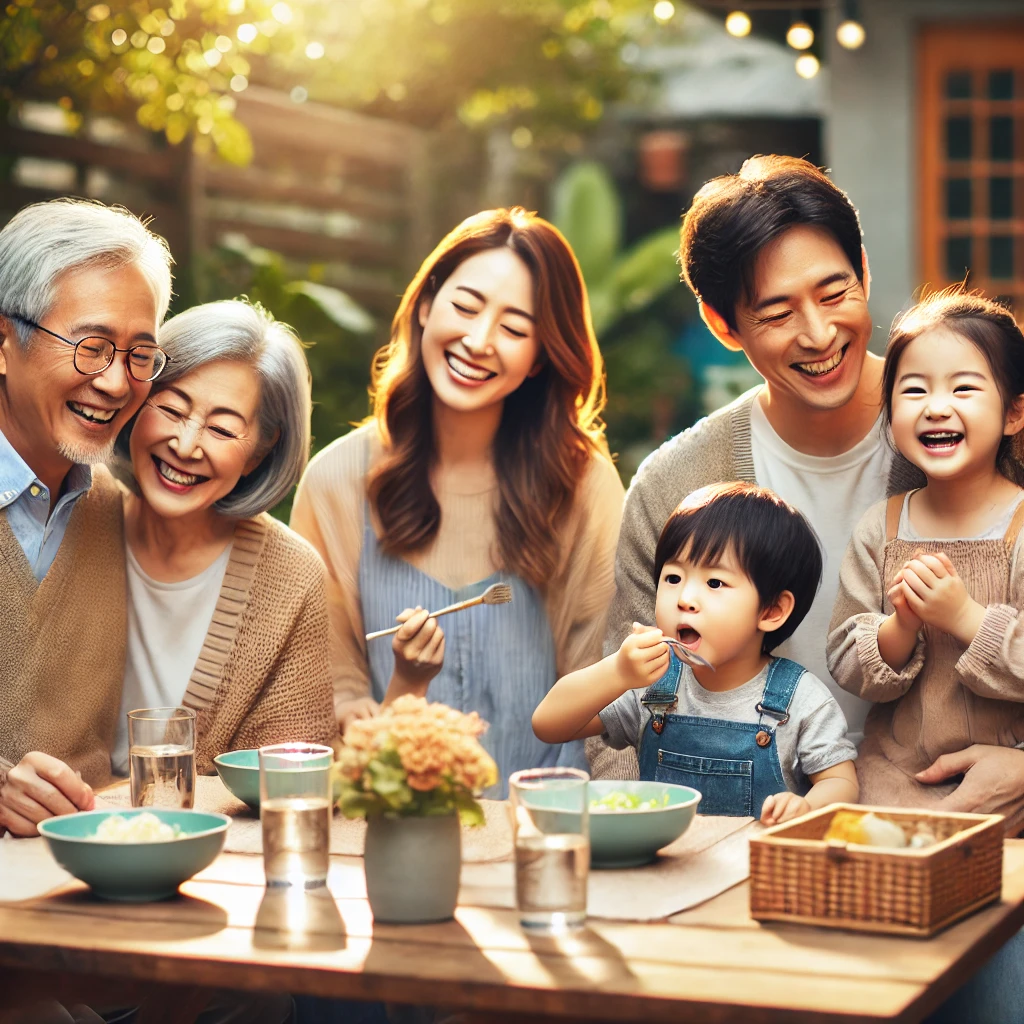 삼대 가족의 야외 식사 