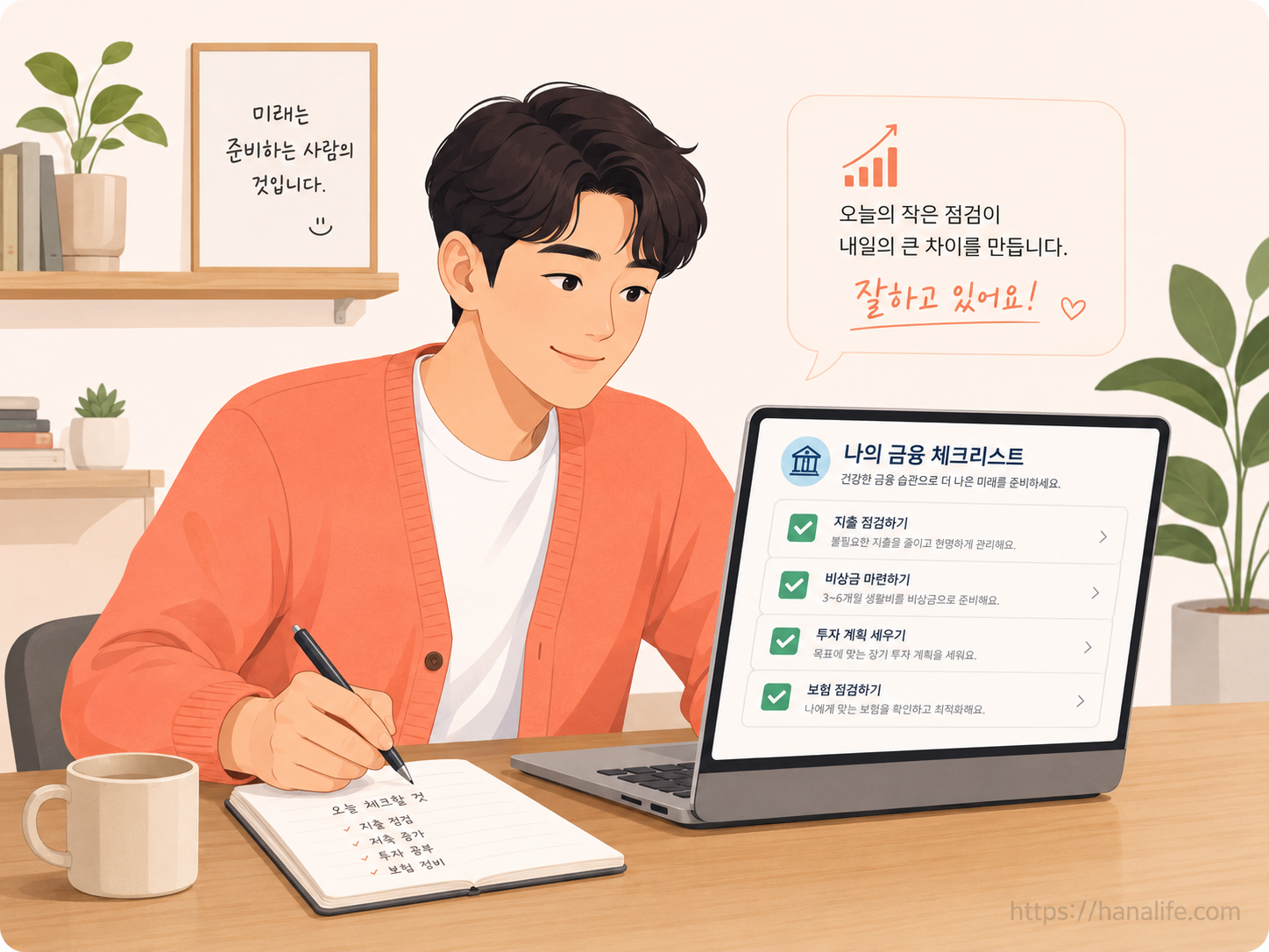 노트북 화면으로 통합연금포털 체크리스트를 확인하며 자산 계획을 세우는 직장인의 모습