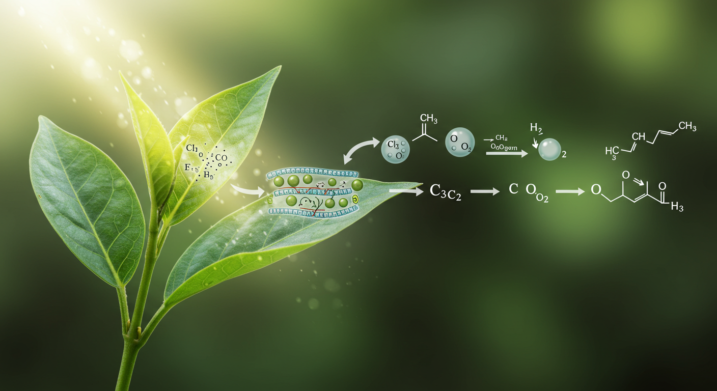 잎 내부의 엽록체에서 이산화탄소를 흡수하고 산소와 유기물을 생성하는 광합성 과정의 화학 반응 메커니즘