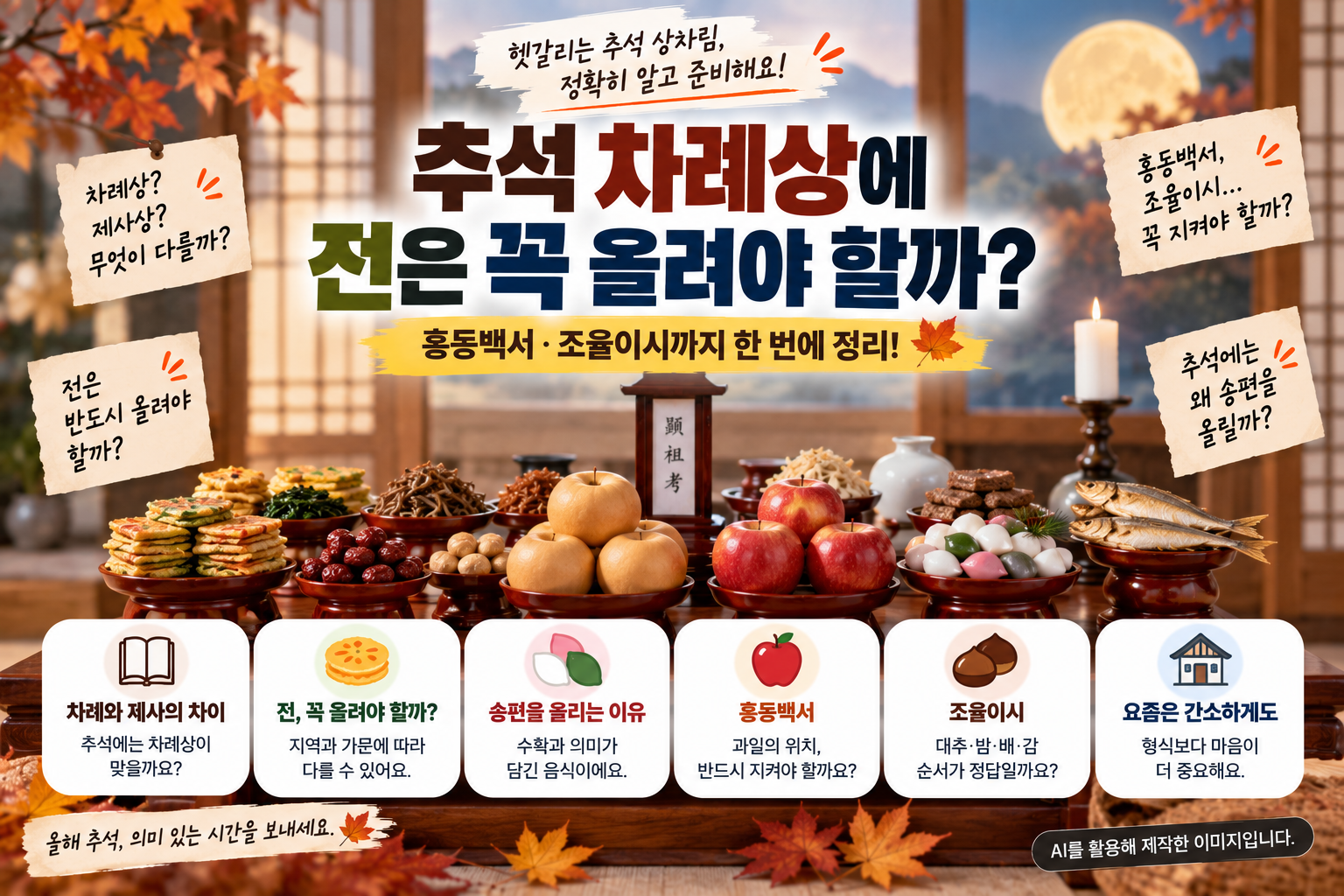 추석 차례상에 전과 송편을 올리는 이유와 홍동백서 조율이시 등 차례상 차림을 설명한 이미지