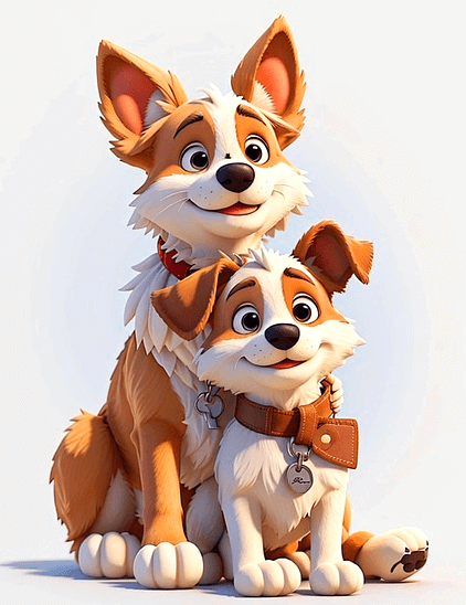 배는 하얀털, 등은 갈색털을 강아지 두 마리가 앞뒤로 붙어 앉아있다.