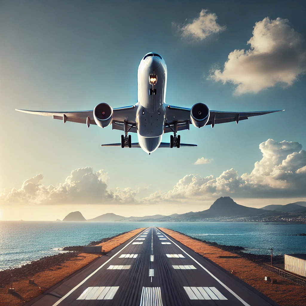 제주도 방향으로 이륙 중인 현대적 비행기, 맑은 하늘과 멀리 구름이 보이는 활주로에서 출발