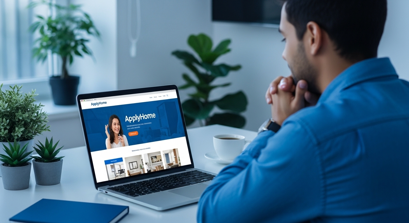 2025년 아파트 청약 신청 방법을 설명하는 청약홈 웹사이트 화면을 진지하게 들여다보는 사람