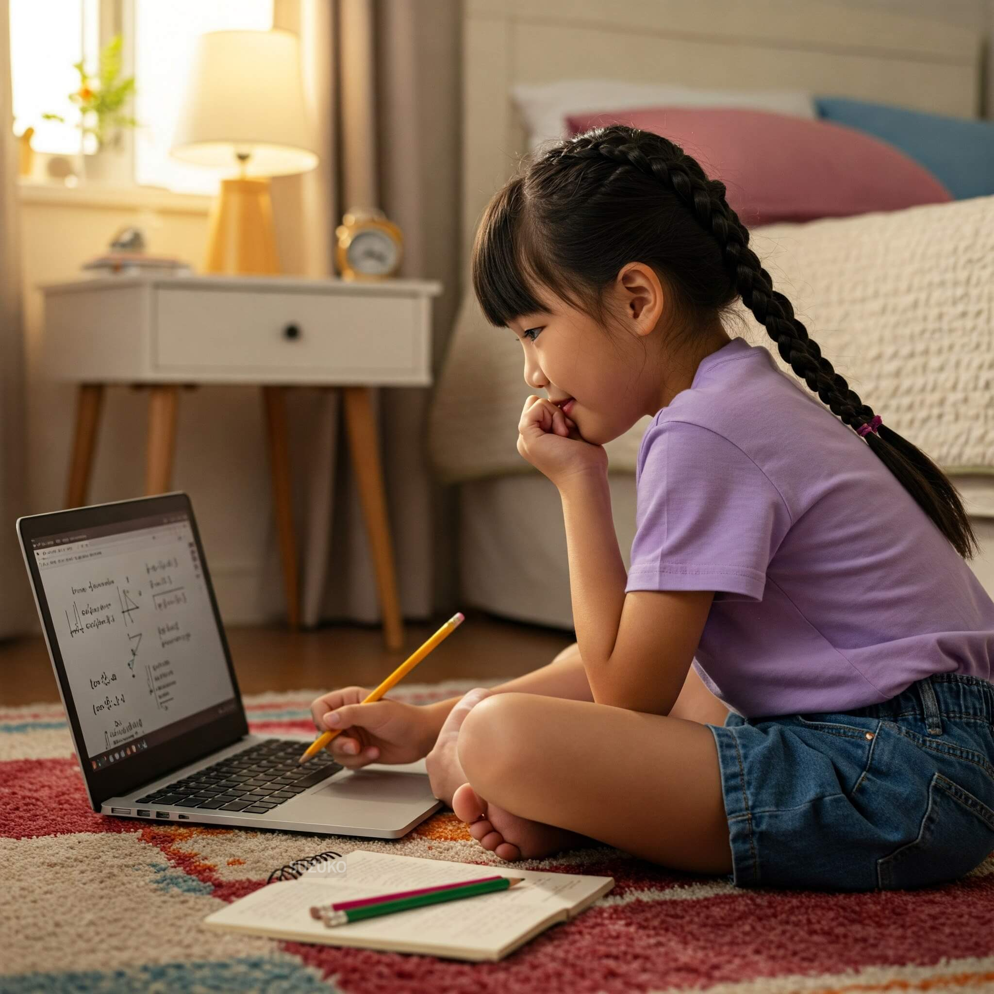 노트북으로 수학 공부를 하는 아이
