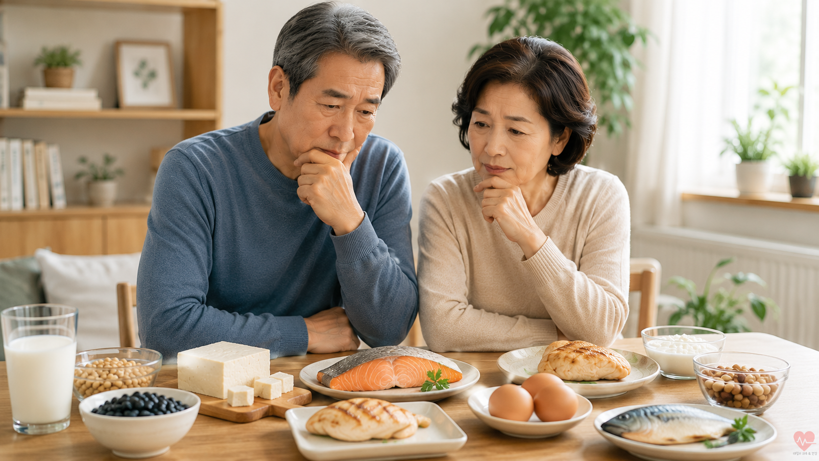 단백질 식단을 차리기 위한 고민을 하는 중년 부부