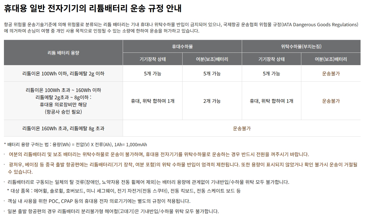 아시아나-항공-리튬배터리-운송-규정