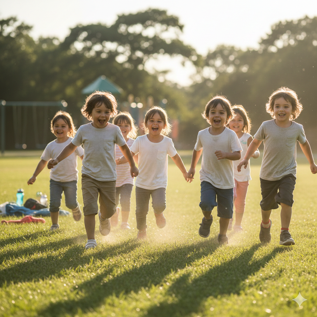 아이들이 신나게 뛰어놀며 신체활동 하는 모습